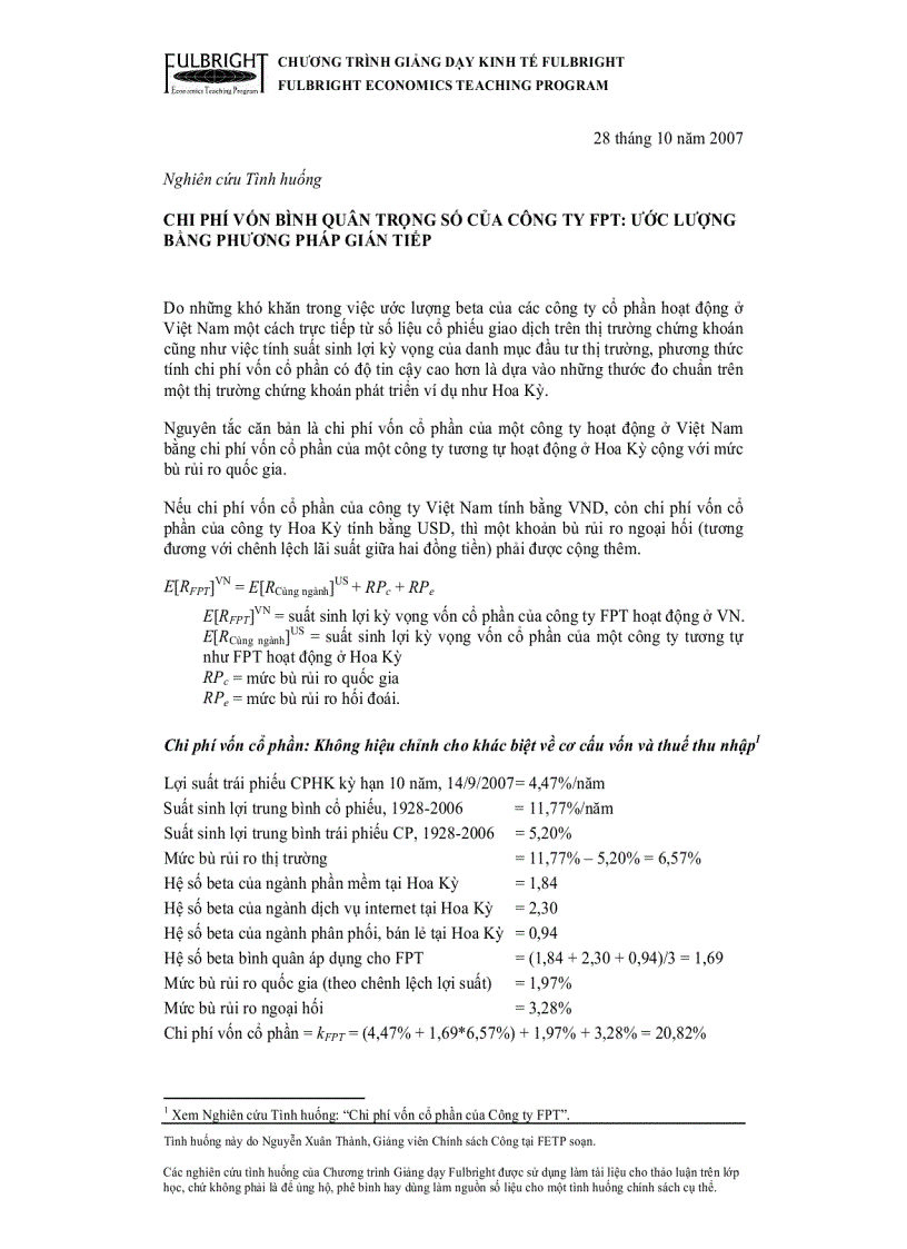 Chi phí vốn bình quân trọng số của công ty fpt ước lượng bằng phương pháp gián tiếp