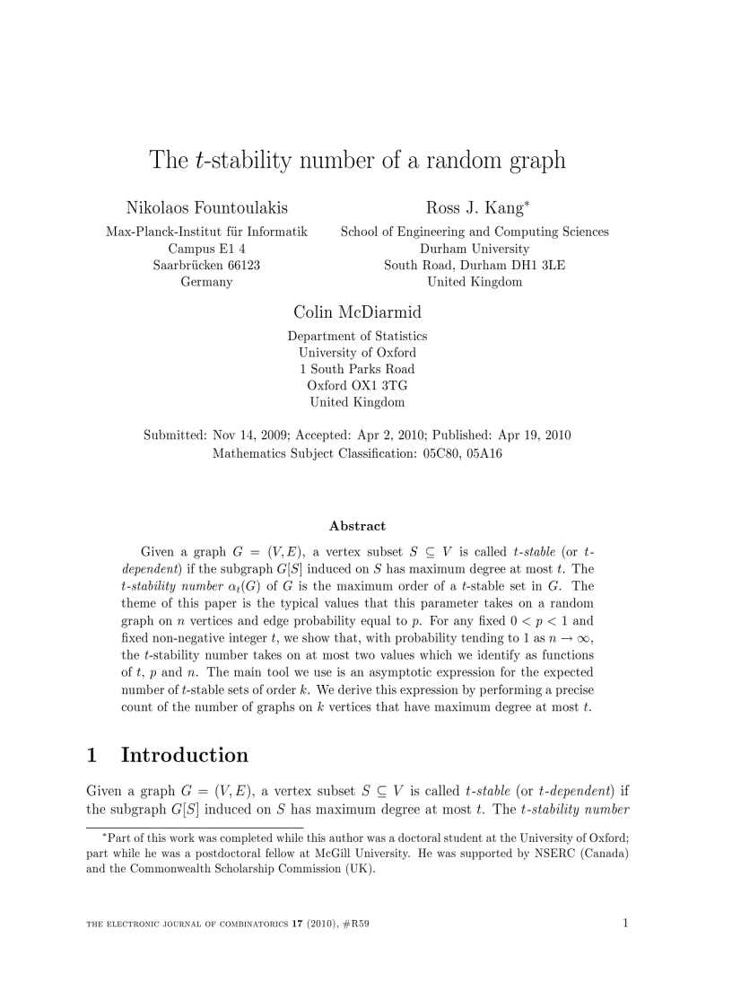 The t stability number of a random graph