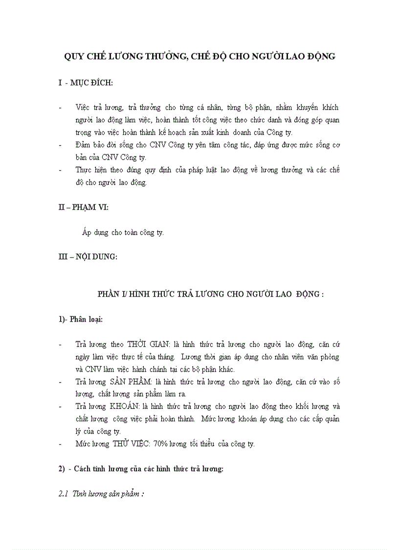 Quy chế lương thưởng chế độ cho người lao động