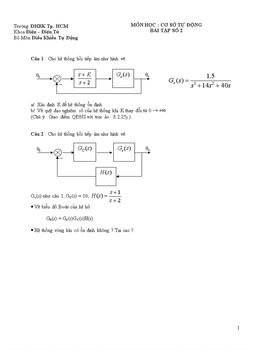 BÀI TẬP SỐ 2 Bộ Môn Điều Khiển Tự Động