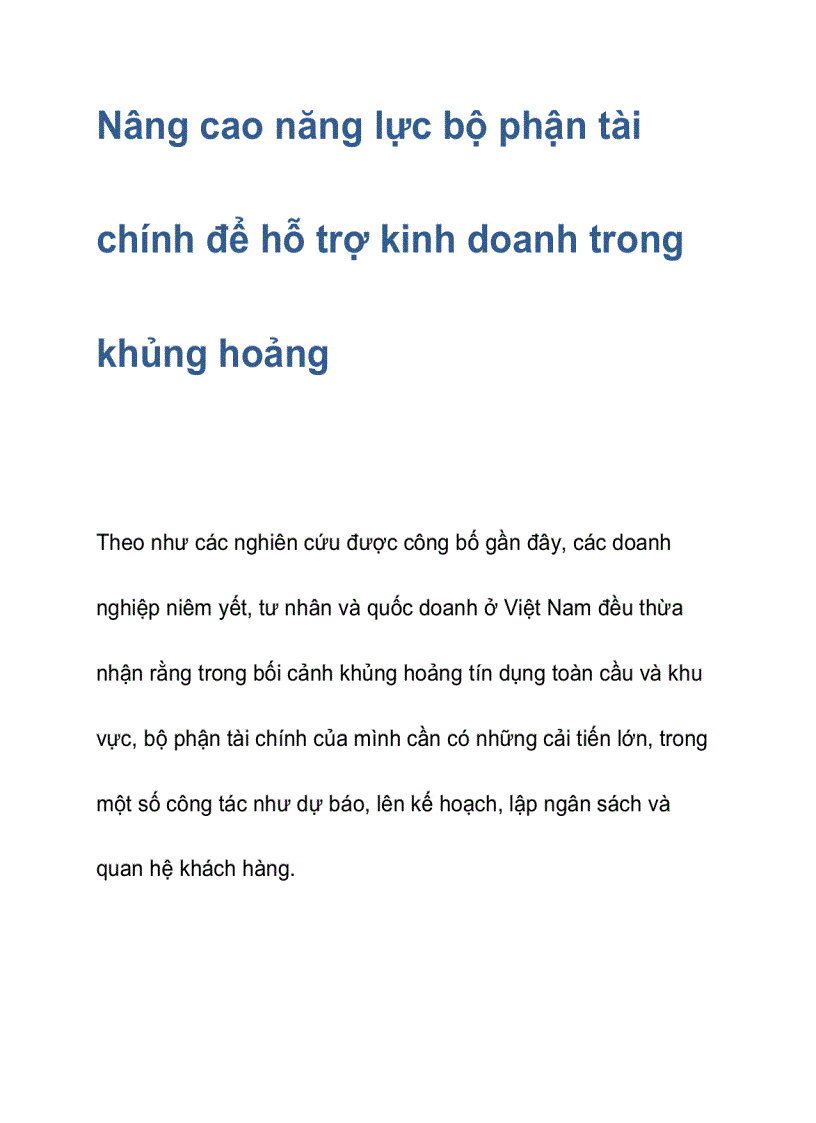 Nâng cao năng lực bộ phận tài chính để hỗ trợ kinh doanh trong khủng hoảng