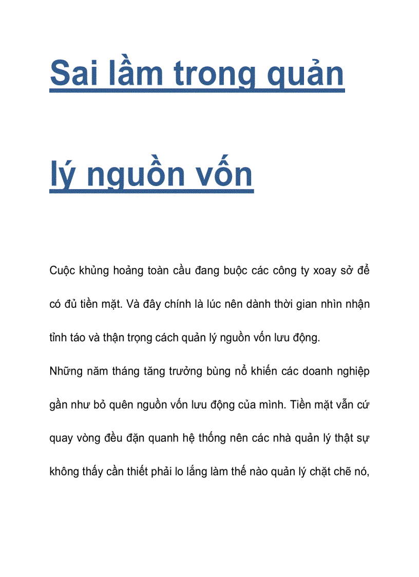 Sai lầm trong quản lý nguồn vốn