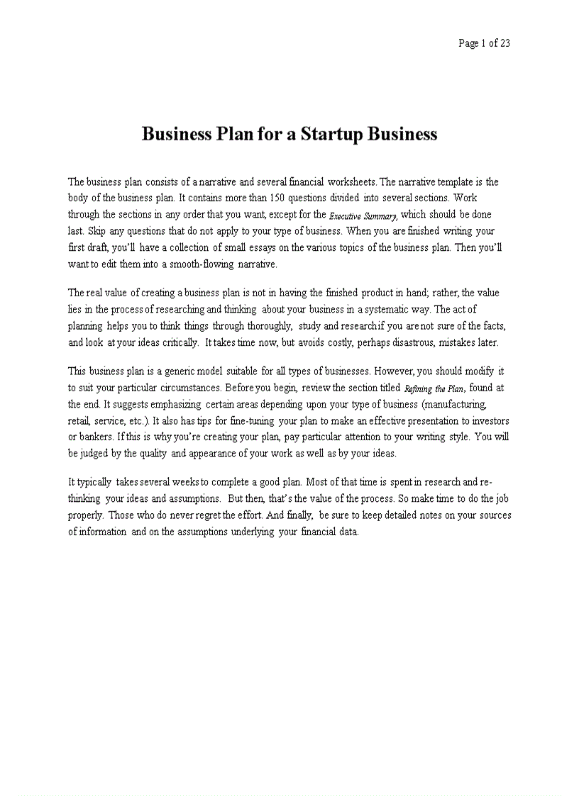 Business Plan for a Startup Business