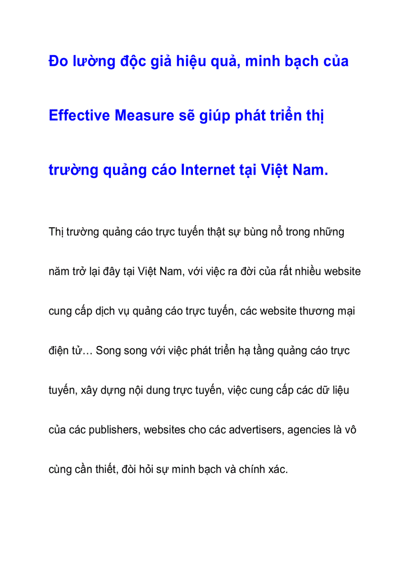 Đo lường độc giả hiệu quả minh bạch của Effective Measure sẽ giúp phát triển thị trường quảng cáo Internet tại Việt Nam