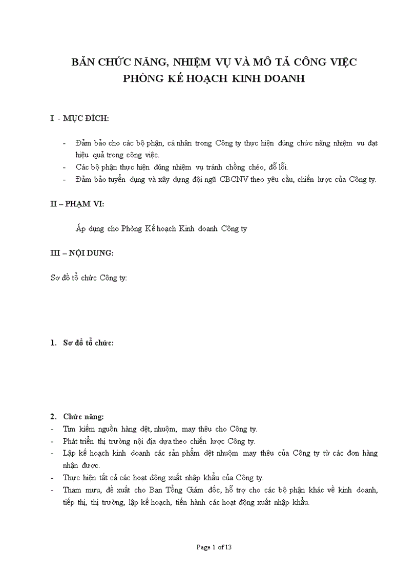 Bản chức năng nhiệm vụ và mô tả công việc phòng kế hoạch kinh doanh