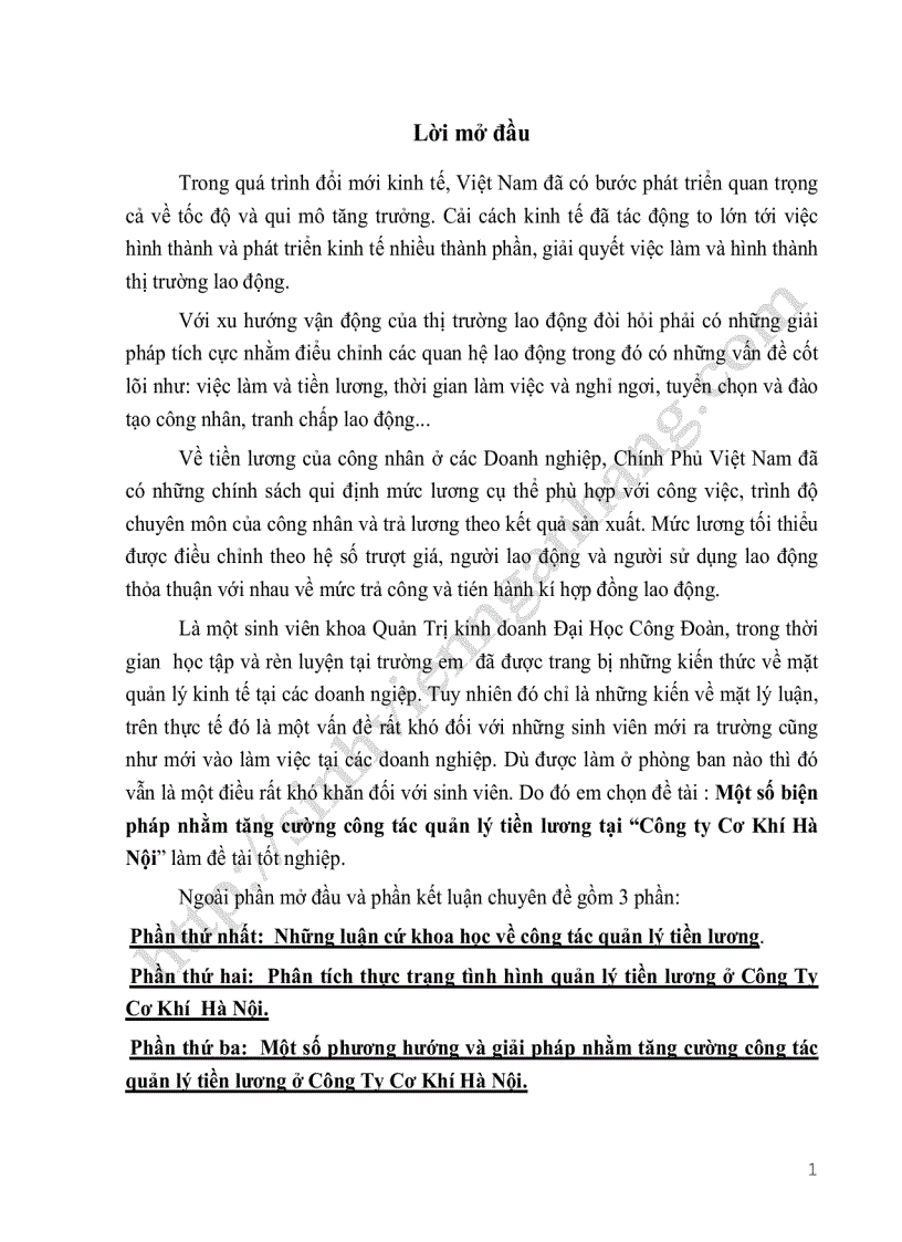 Một số biện pháp nhằm tăng cường công tác quản lý tiền lương tại Công ty Cơ Khí Hà Nội