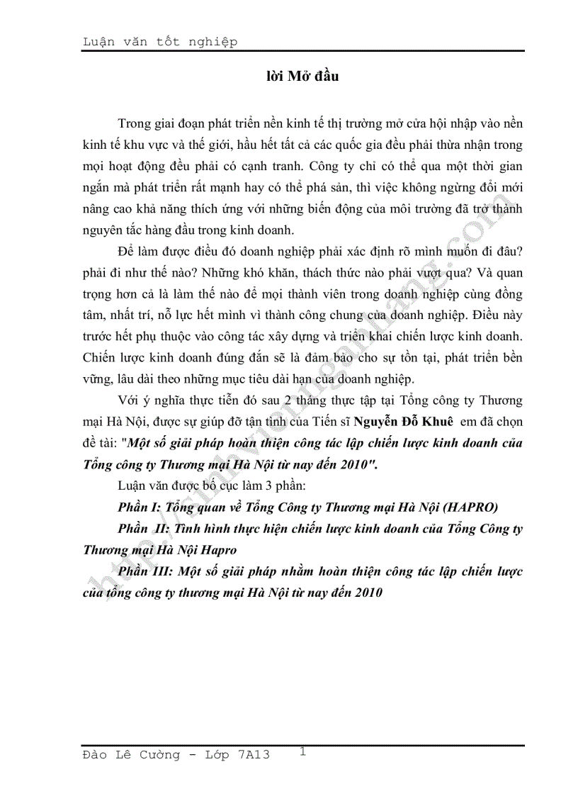 Một số giải pháp hoàn thiện công tác lập chiến lược kinh doanh của Tổng công ty Thương mại Hà Nội từ nay đến 2010