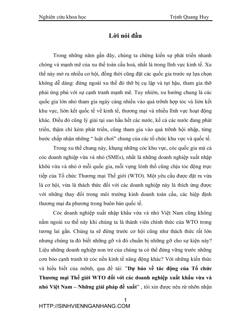 Dự báo về tác động của Tổ chức Thương mại Thế giới WTO đối với các doanh nghiệp xuất khẩu vừa và nhỏ Việt Nam Những giải pháp đề xuất