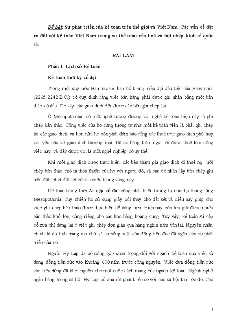 Sự phát triển của kế toán trên thế giới và Việt Nam Các vấn đề đặt ra đối với kế toán Việt Nam trong xu thế toàn cầu hoá và hội nhập kinh tế quốc tế