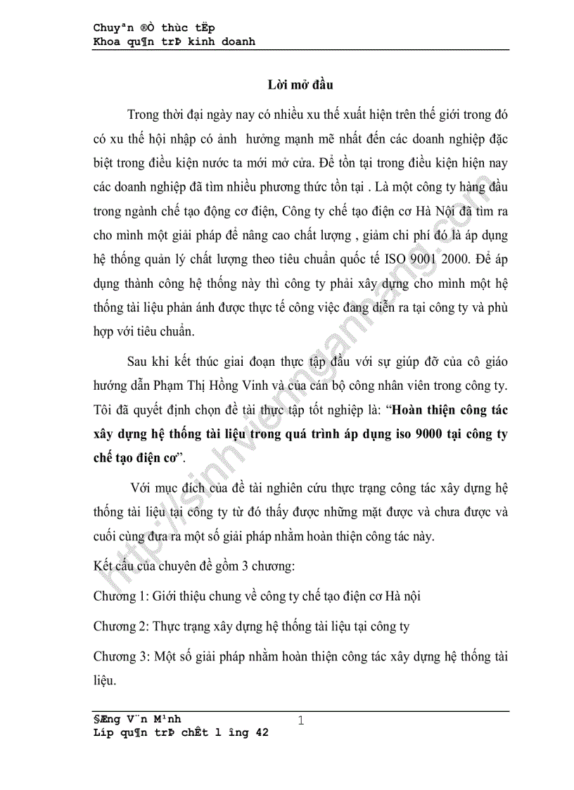Hoàn thiện công tác xây dựng hệ thống tài liệu trong quá trình áp dụng iso 9000 tại công ty chế tạo điện cơ