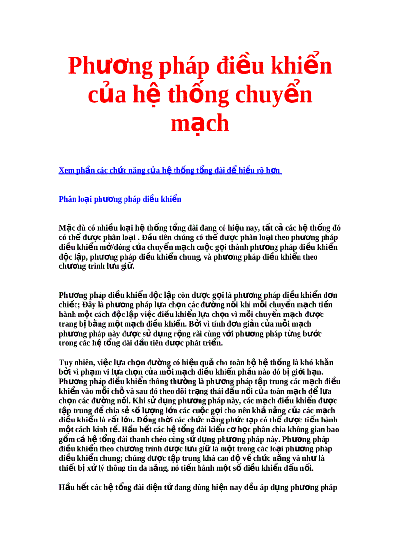 Phương pháp điều khiển của hệ thống chuyển mạch