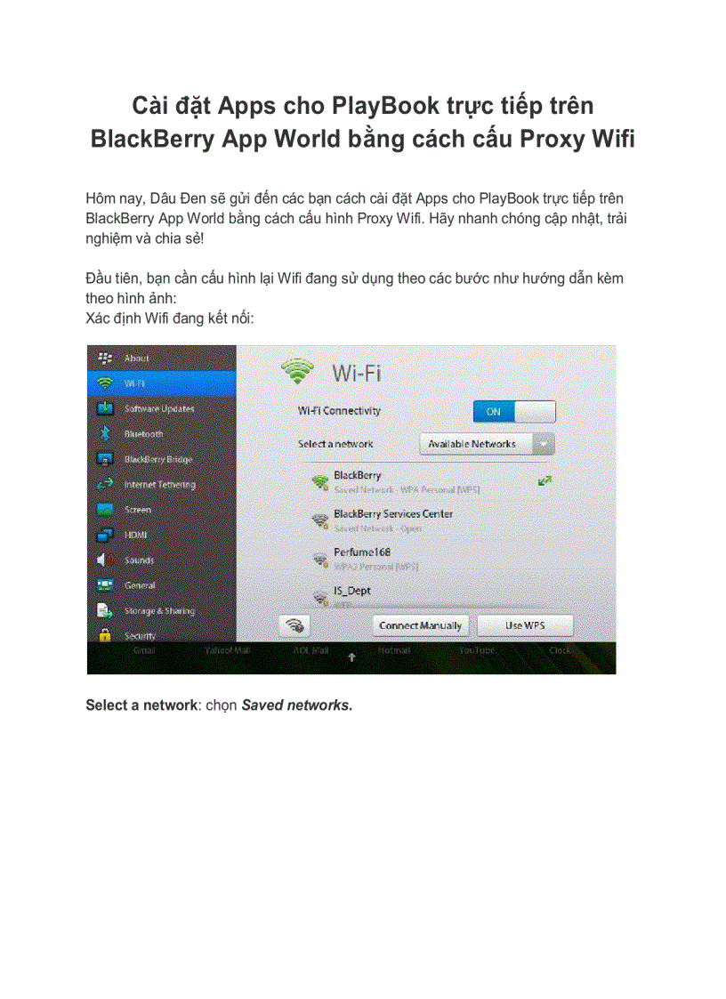 Cài đặt Apps cho PlayBook trực tiếp trên BlackBerry App World bằng cách cấu Proxy Wifi