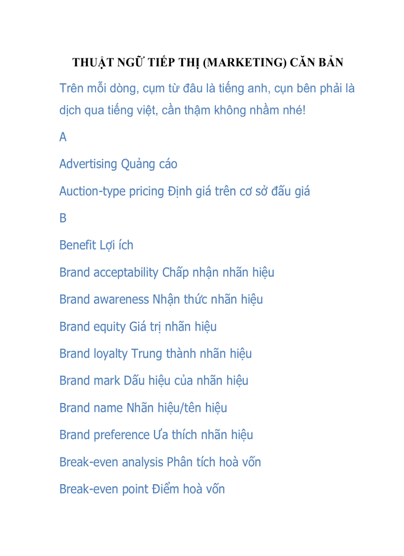 Thuật ngữ tiếp thị marketing căn bản