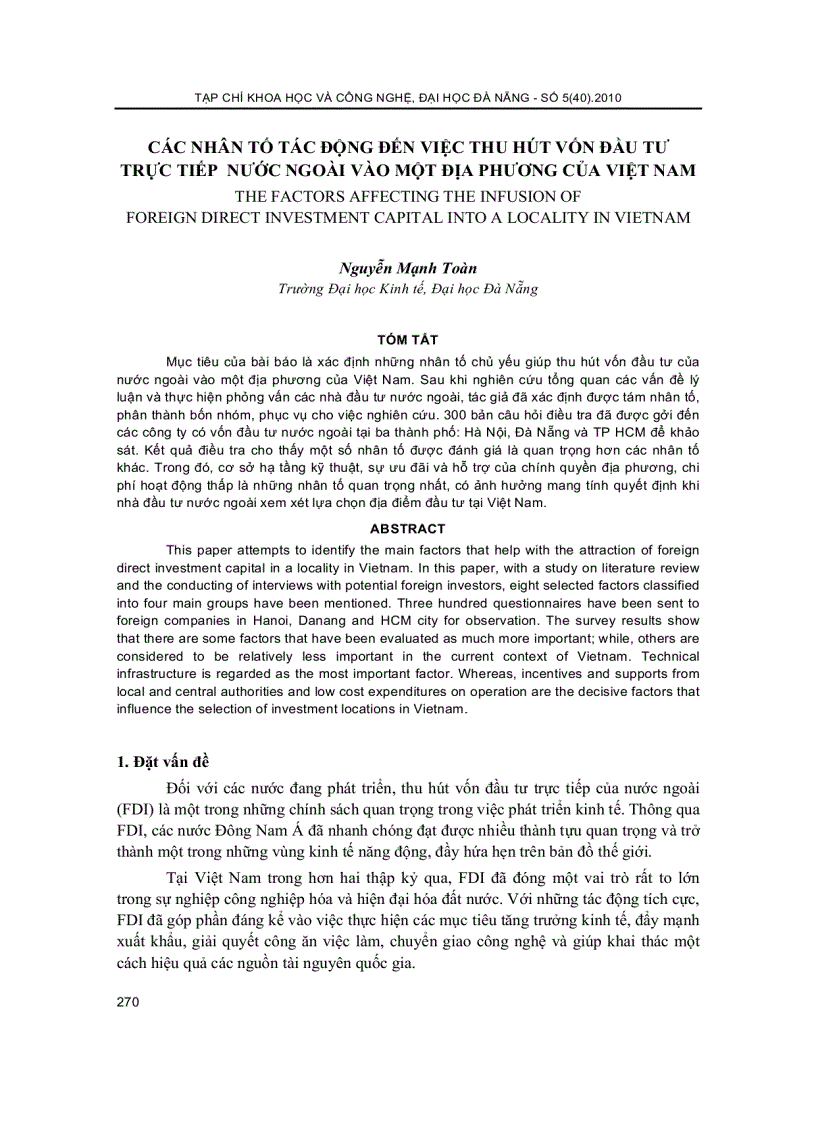 Các nhân tố tác động đến việc thu hút vốn đầu tư trực tiếp nước ngoài vào một địa phương của việt nam