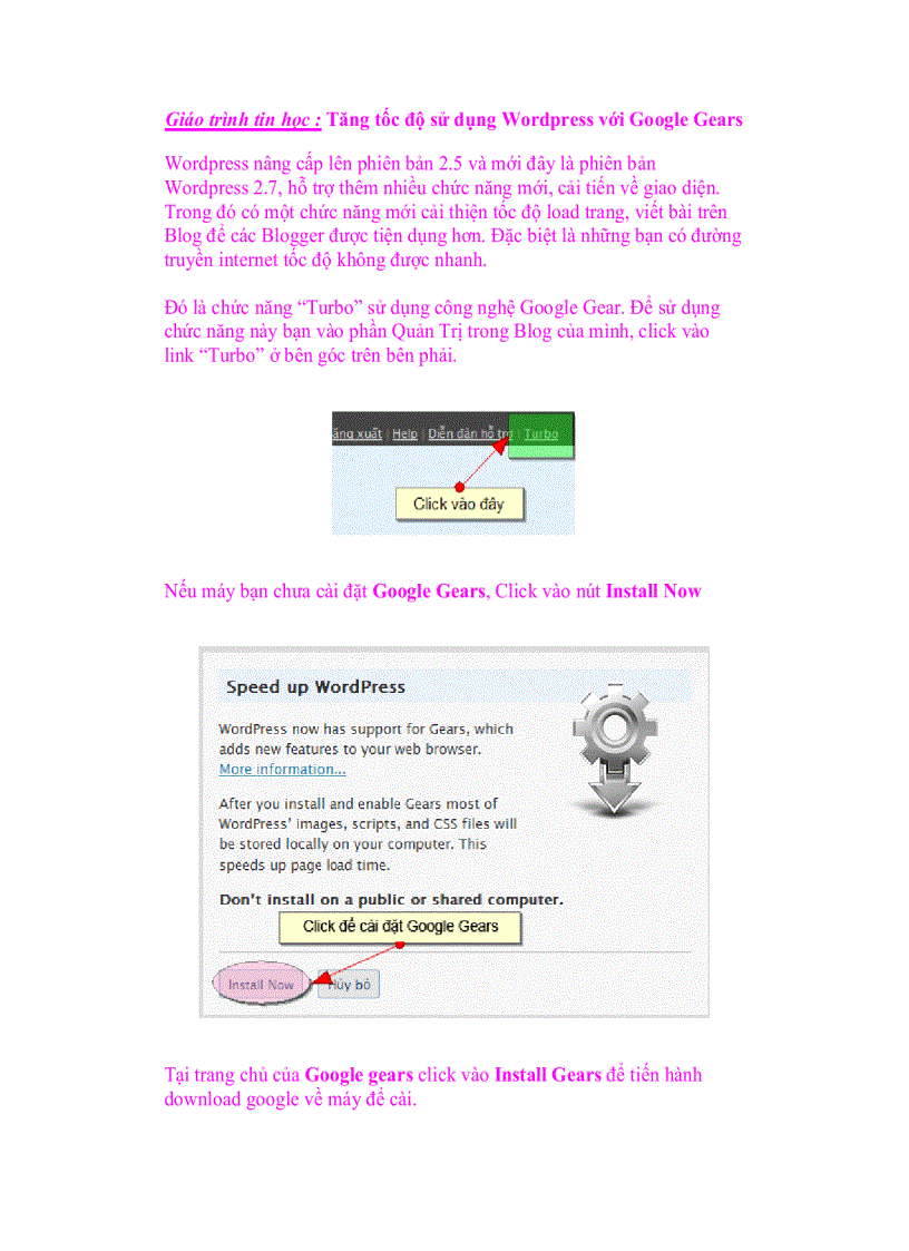 Giáo trình tin học Tăng tốc độ sử dụng Wordpress với Google Gears
