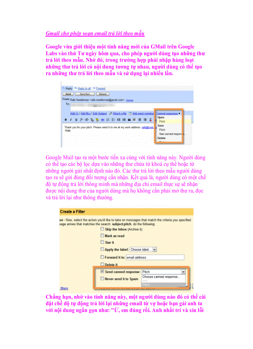 Gmail cho phép soạn email trả lời theo mẫu