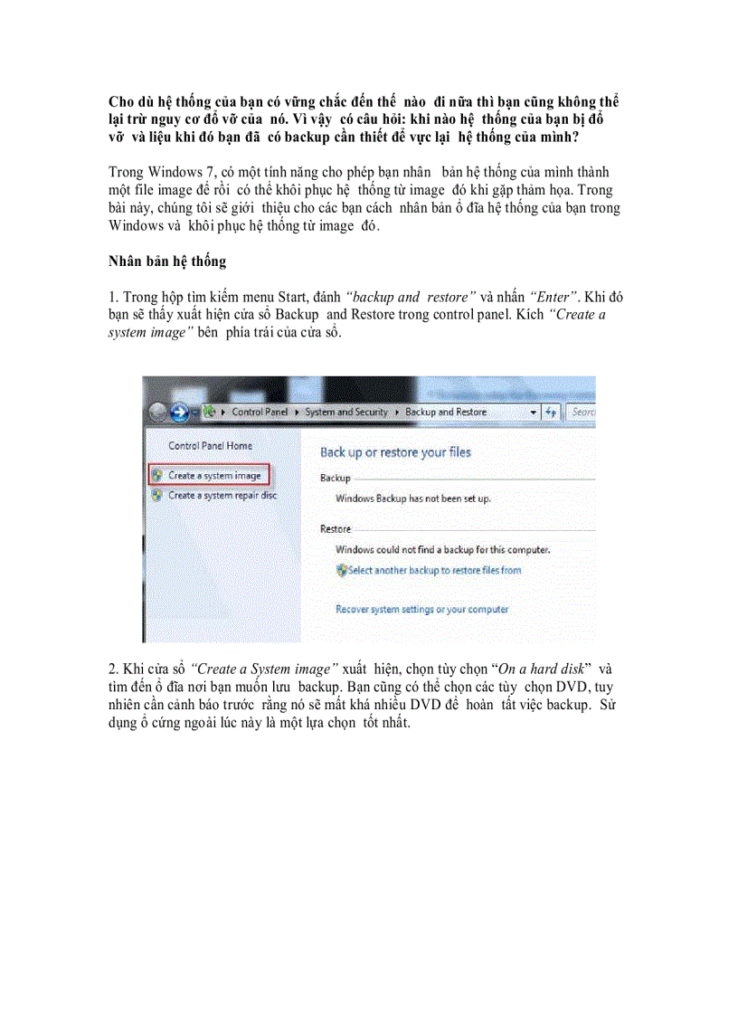 Tạo Backup System Image trong Windows 7