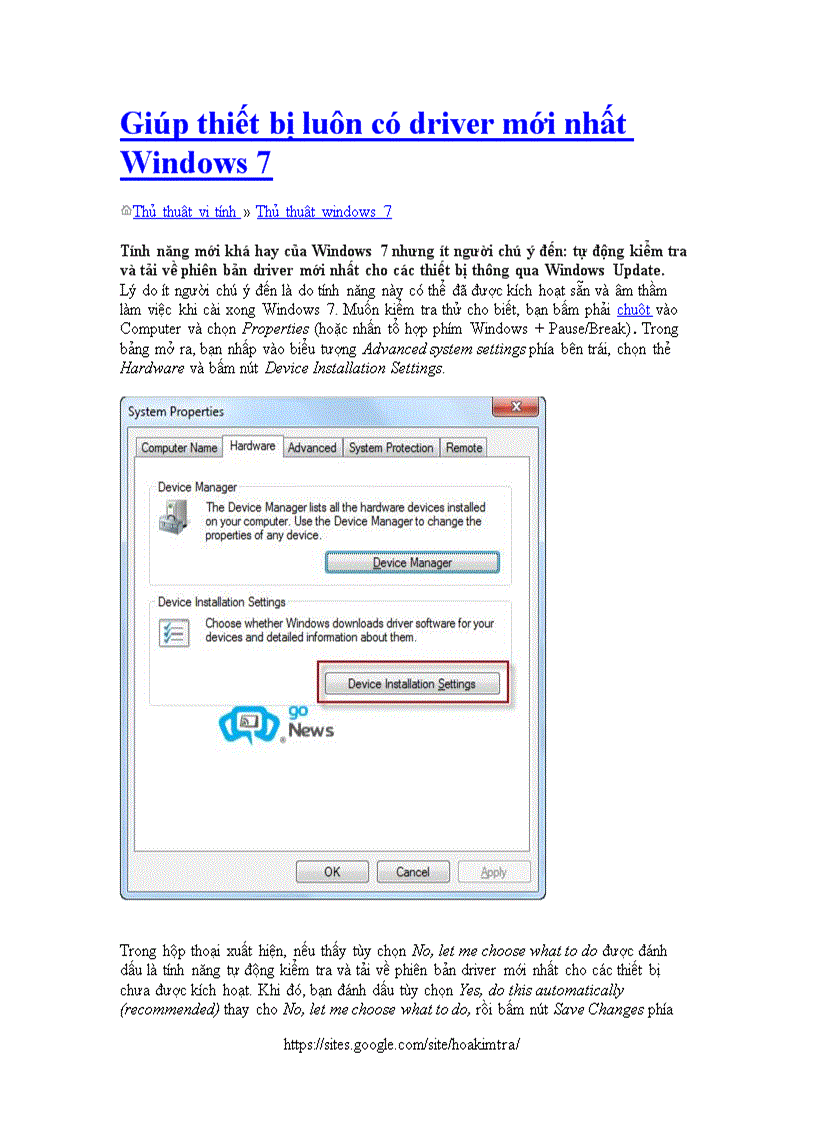 Giúp thiết bị luôn có driver mới nhất Windows 7