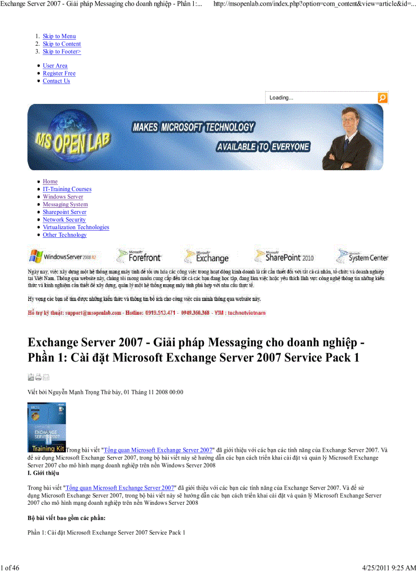 Exchange Server 2007 Gi i pháp Messaging cho doanh nghi p Ph n 1 Cài ð t Microsoft Exchange Server 2007 Service Pack 1