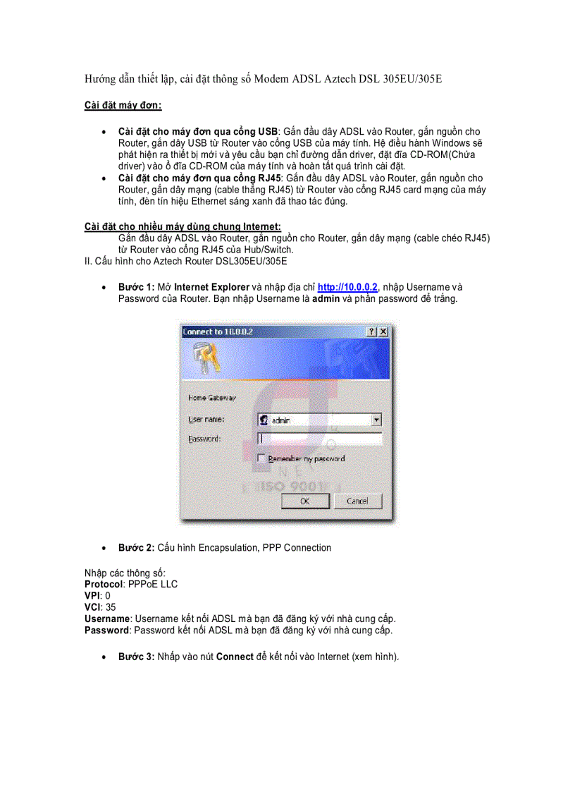 Hướng dẫn thiết lập cài đặt thông số Modem ADSL Aztech DSL 305EU 305E