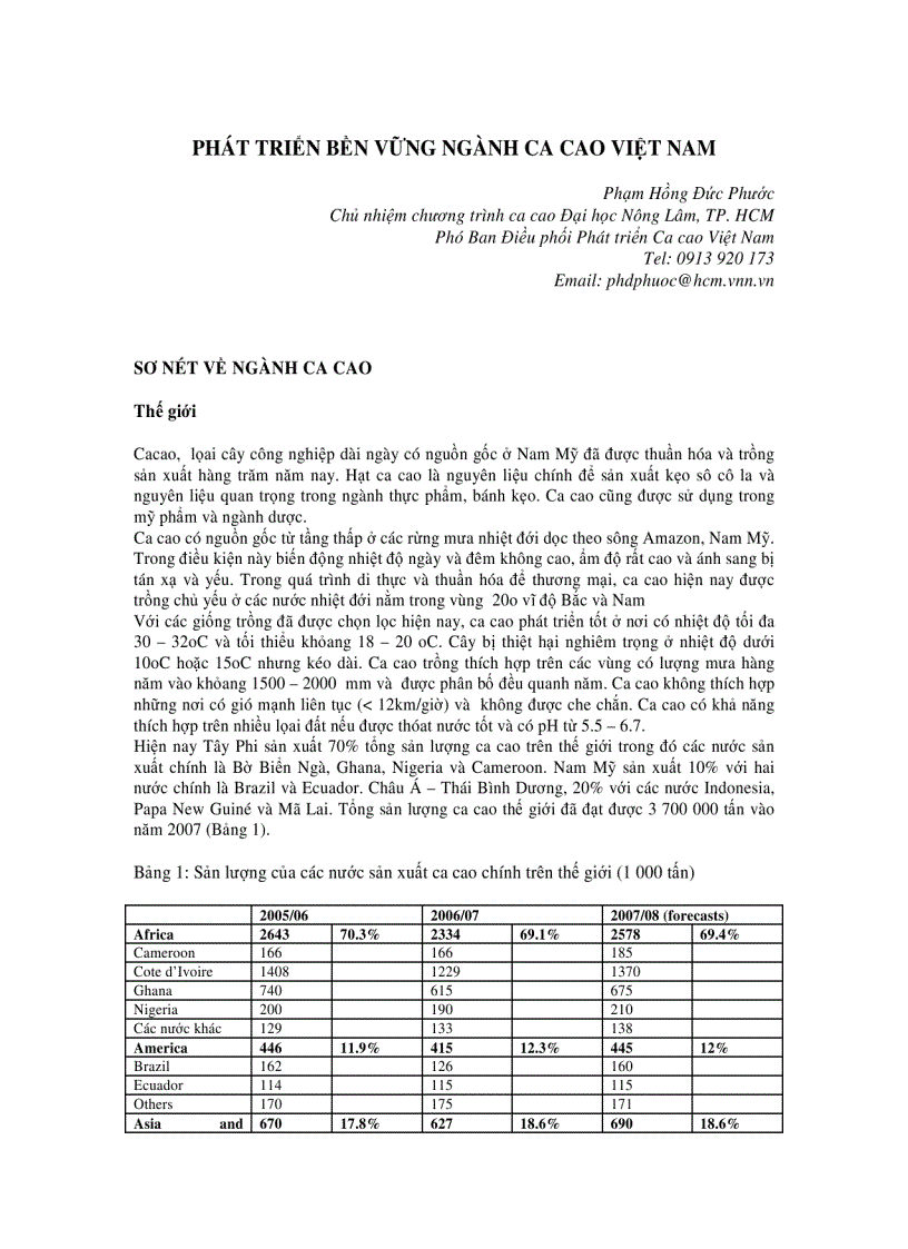 Phát triển bền vững ngành ca caoo việt nam