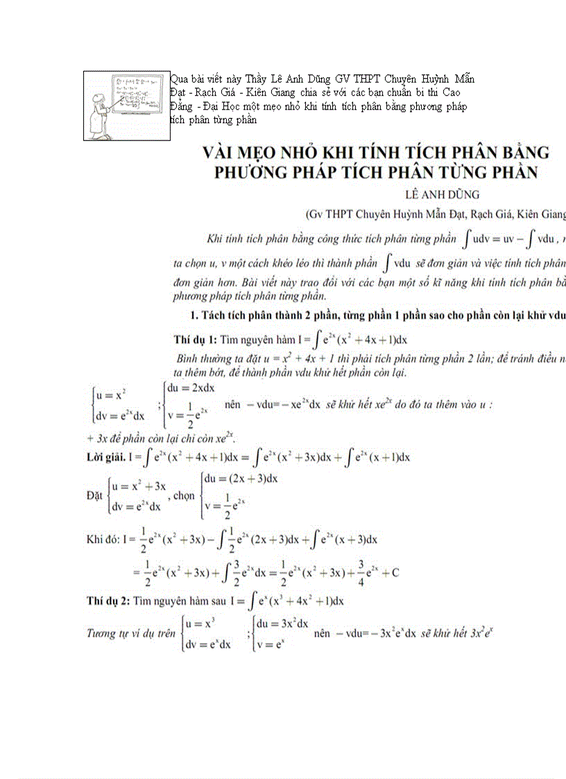 Vài mẹo nhỏ khi tính tích phân bằng phương pháp tích phân từng phần 1