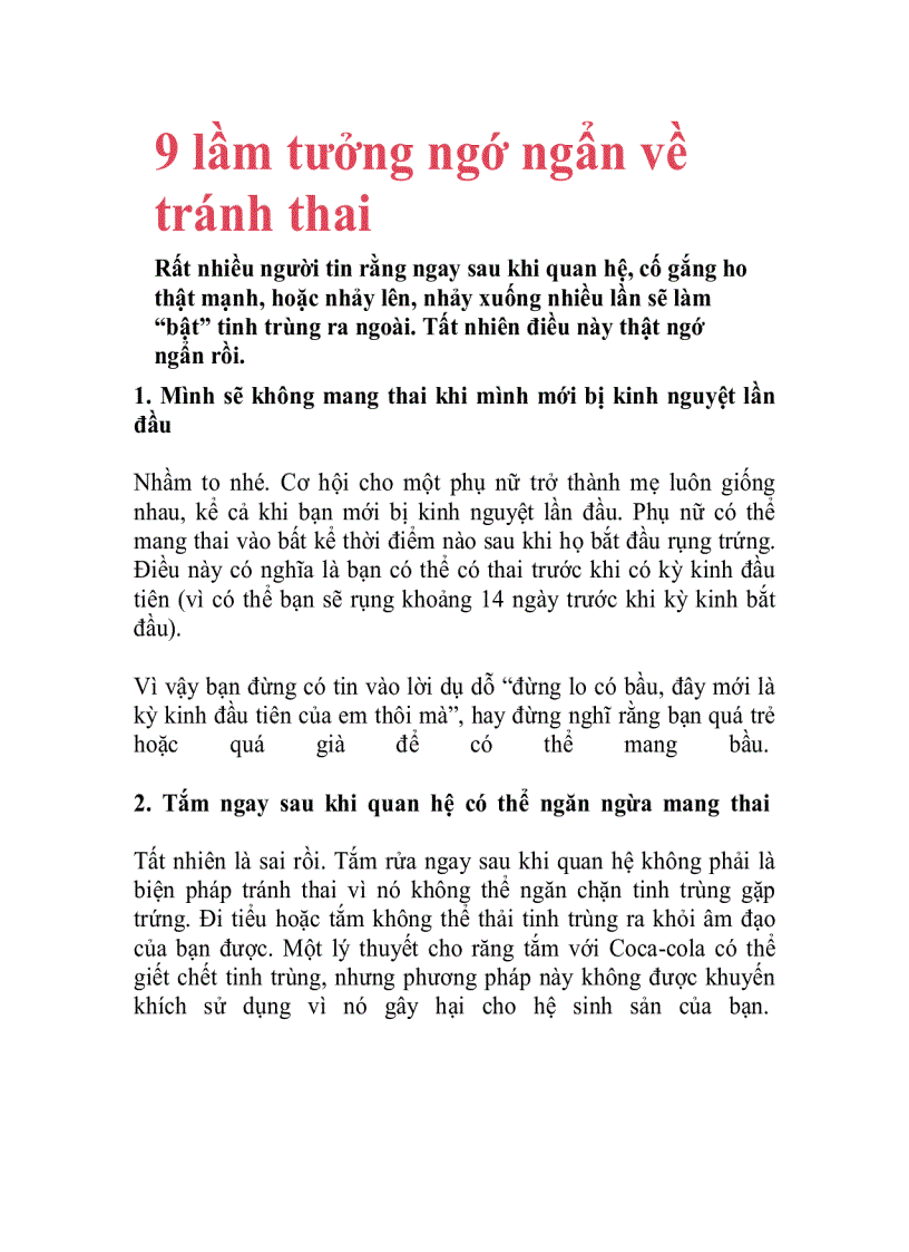 9 lầm tưởng ngớ ngẩn về tránh thai