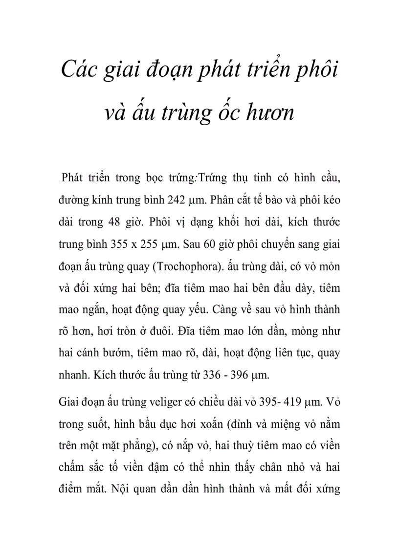 Các giai đoạn phát triển phôi và ấu trùng ốc hương