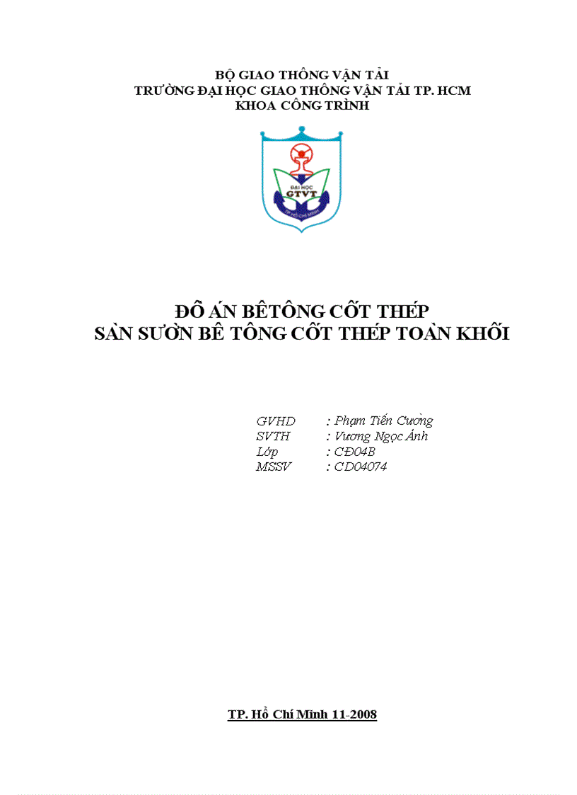 Đồ án thiết kế môn học Bê Tông Cốt Thép I