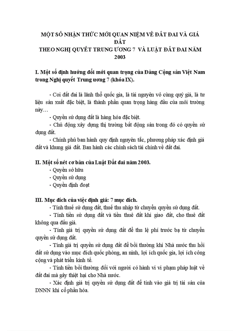 Một số nhận thức mới quan niệm về đất đai và giá đất theo nghị quyết trung ương 7 và luật đất đai năm 2003