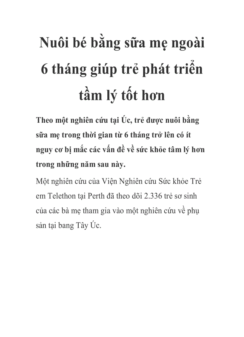 Nuôi bé bằng sữa mẹ ngoài 6 tháng giúp trẻ phát triển tầm lý tốt hơn