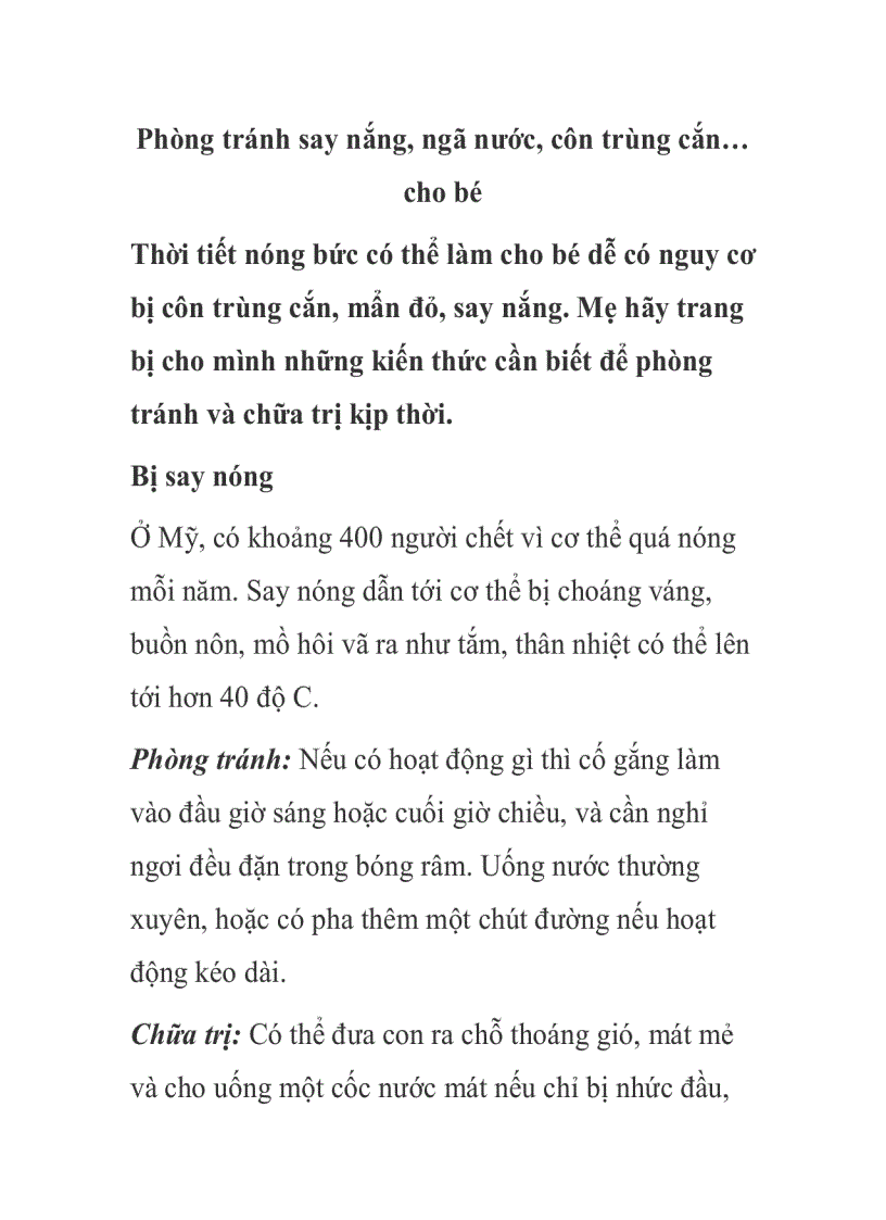 Phòng tránh say nắng ngã nước côn trùng cắn cho bé