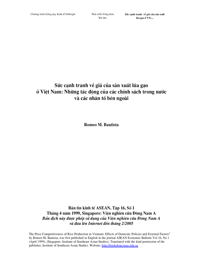 Sức cạnh tranh về giá của sản xuất lúa gạo ở Việt Nam Những tác động của các chính sách trong nước và các nhân tố bên ngoài