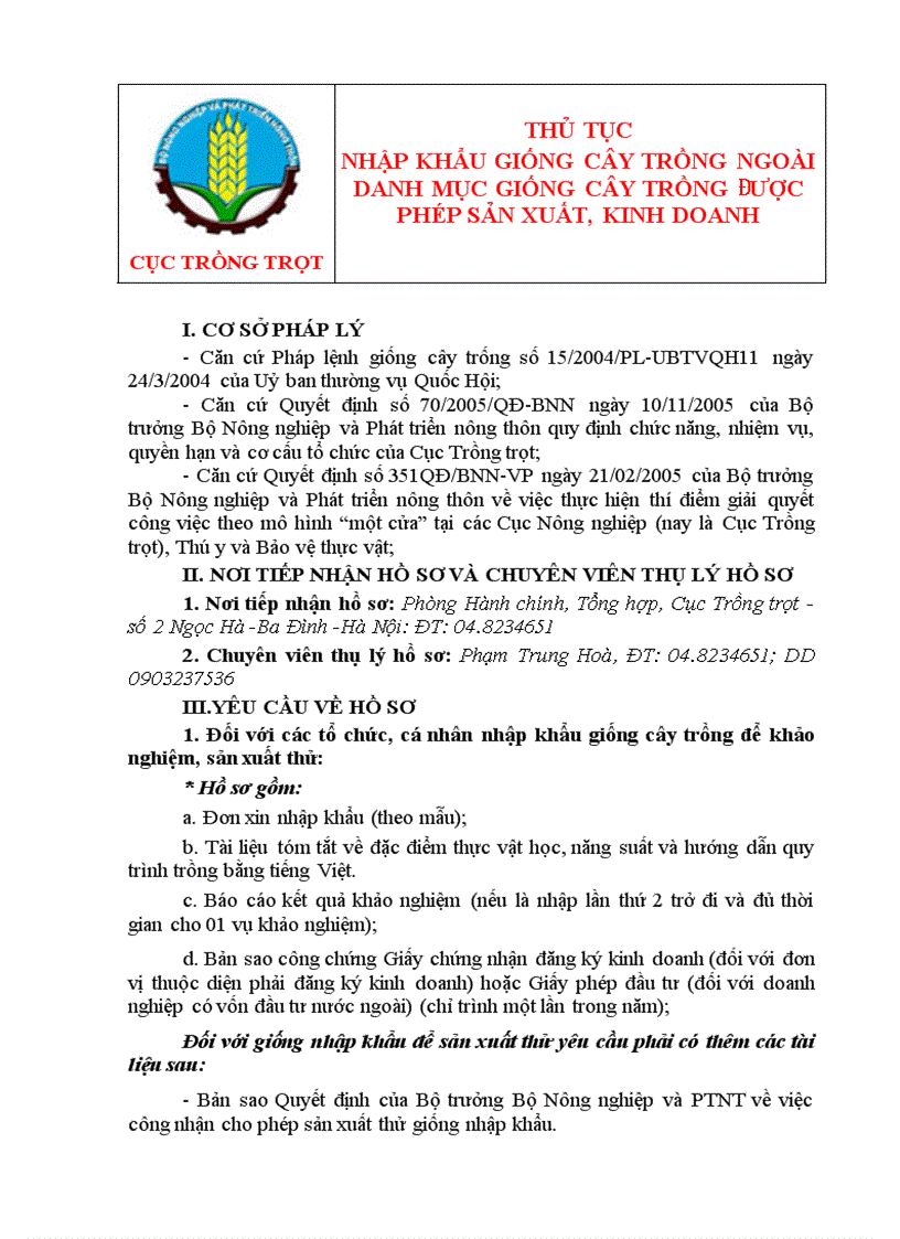 Thủ tục nhập khẩu giống cây trồng ngoài danh mục giống cây trồng được phép sản xuất kinh doanh