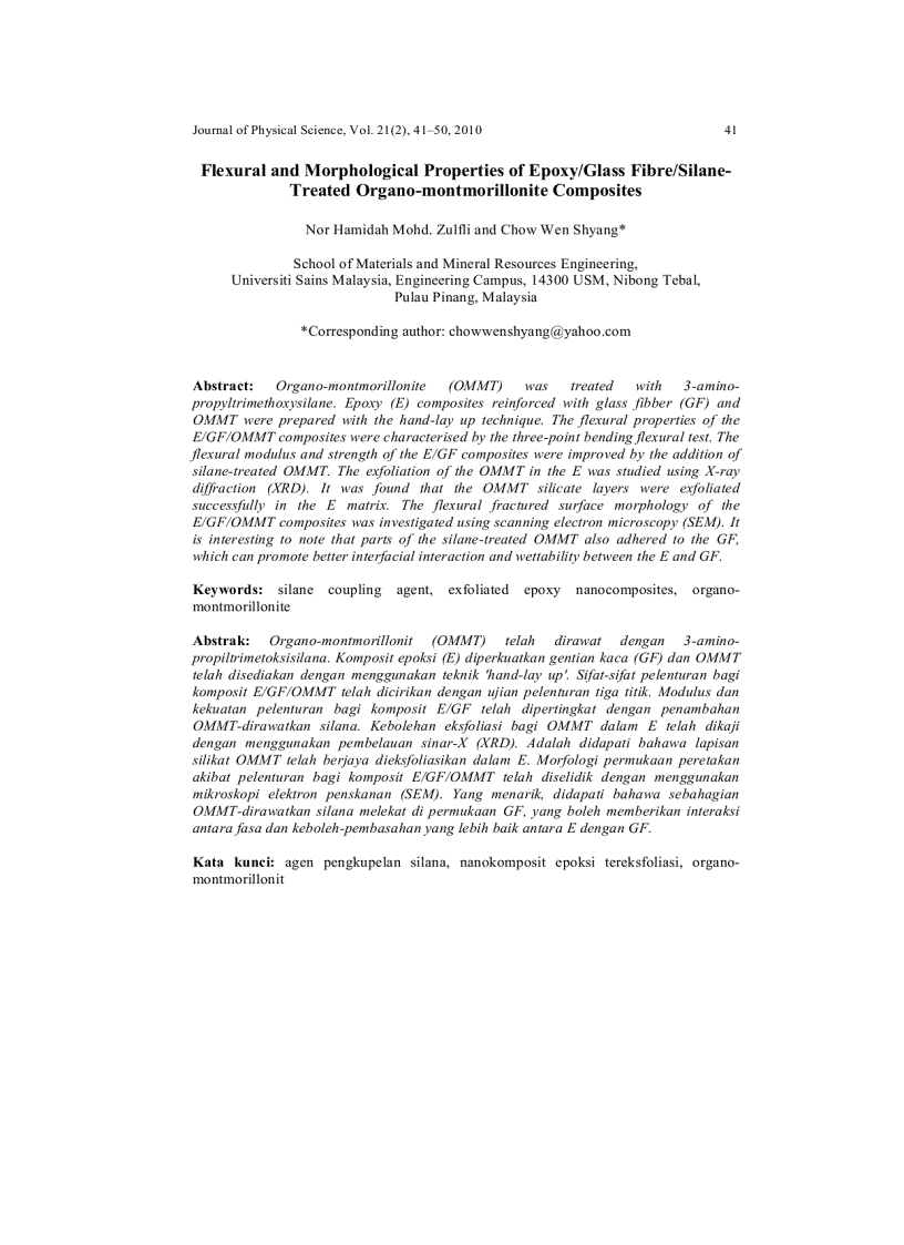 Flexural and Morphological Properties of Epoxy Glass Fibre Silane Treated Organo montmorillonite Composites
