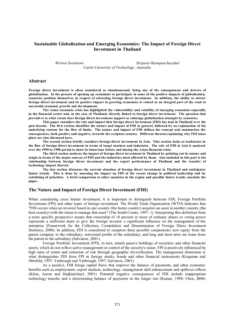 Sustainable Globalization and Emerging Economies The Impact of Foreign Direct Investment in Thailand