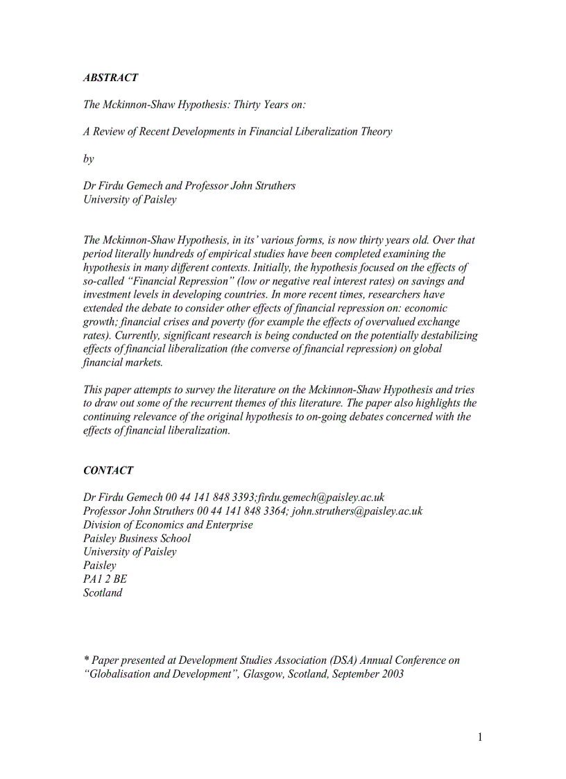 The Mckinnon Shaw Hypothesis Thirty Years on A Review of Recent Developments in Financial Liberalization Theory