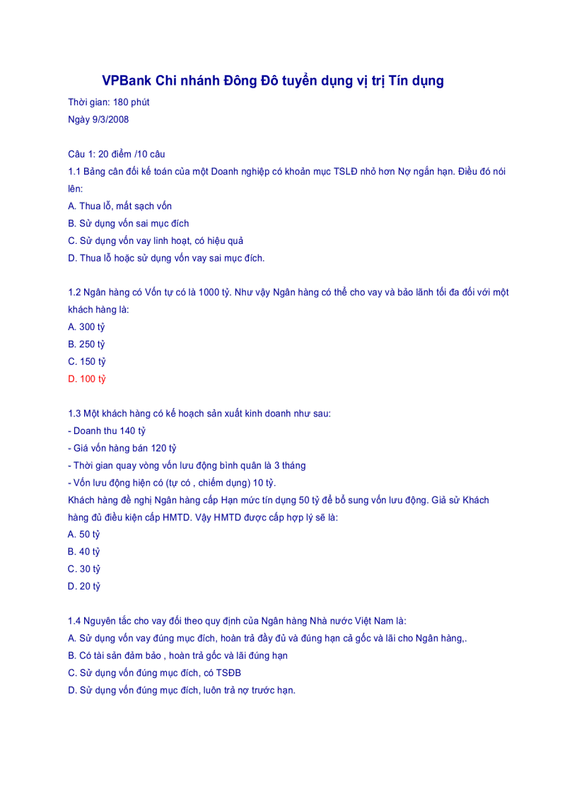 Đề thi VPBank Chi nhánh Đông Đô tuyển dụng vị trị Tín dụng