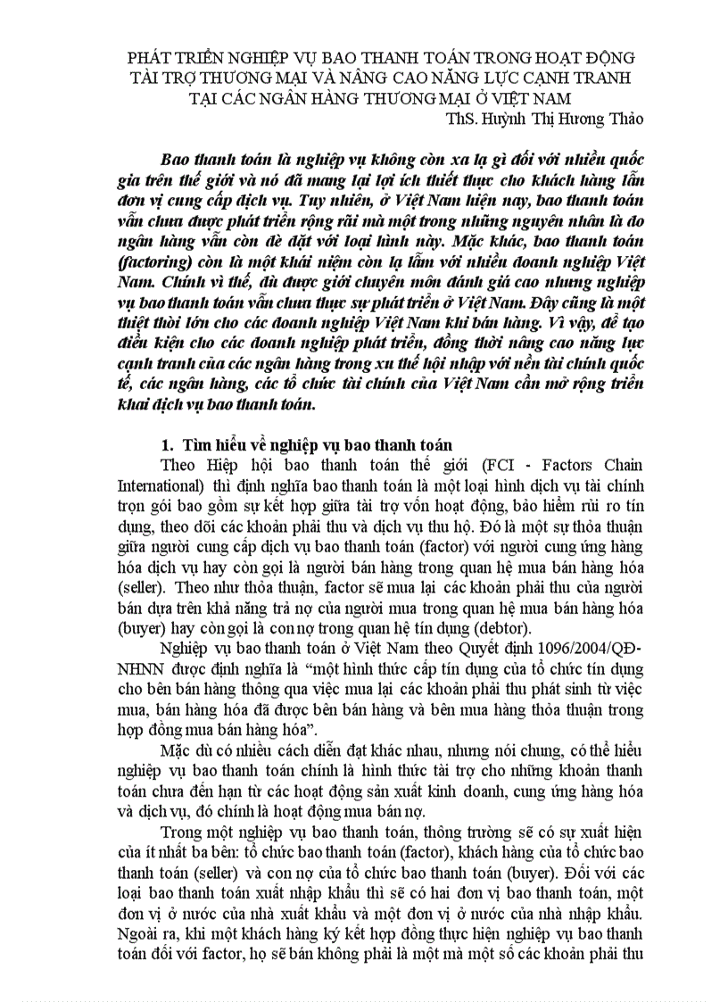 Phát triển nghiệp vụ bao thanh toán trong hoạt động tài trợ thương mại và nâng cao năng lực cạnh tranh tại các ngân hàng thương mại ở việt nam