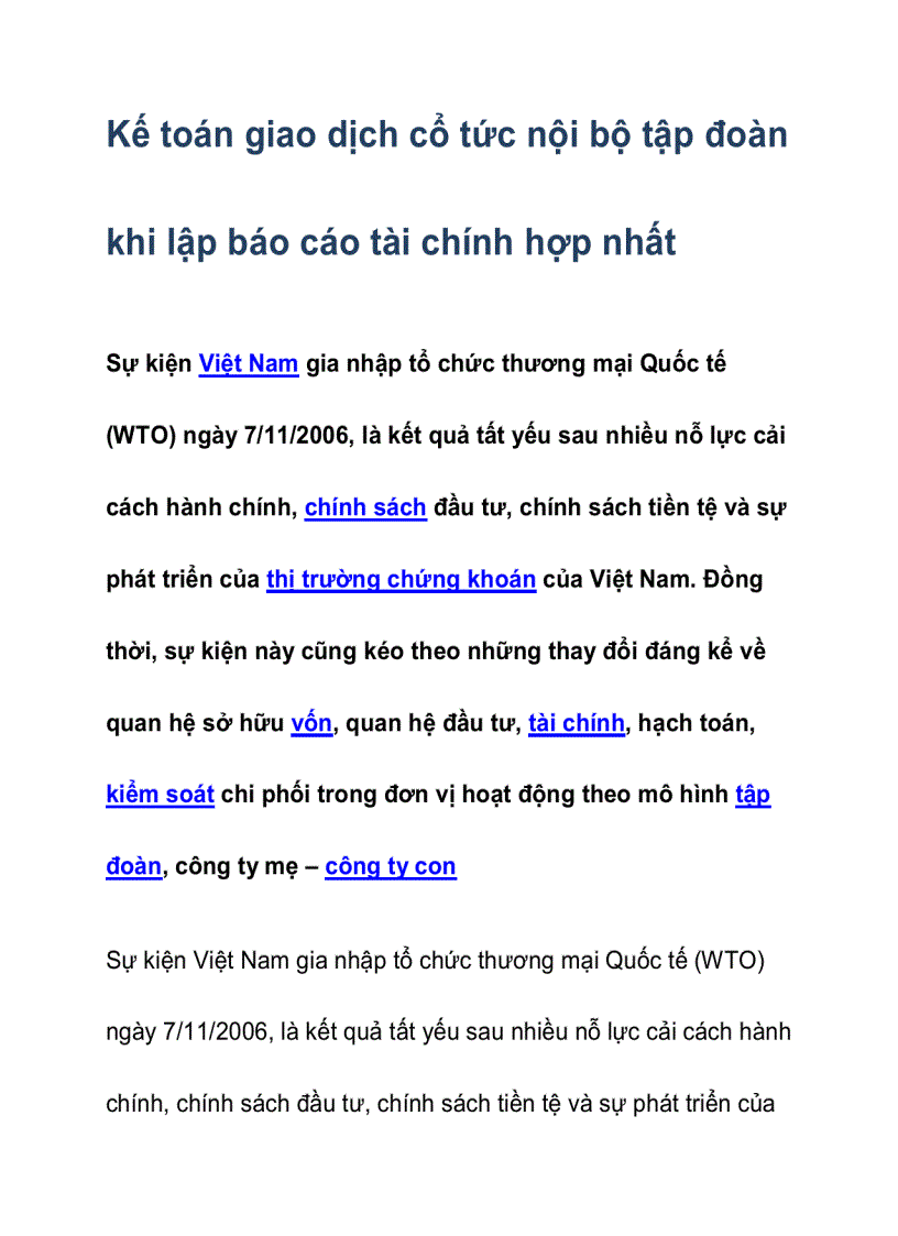 Kế toán giao dịch cổ tức nội bộ tập đoàn khi lập báo cáo tài chính hợp nhất