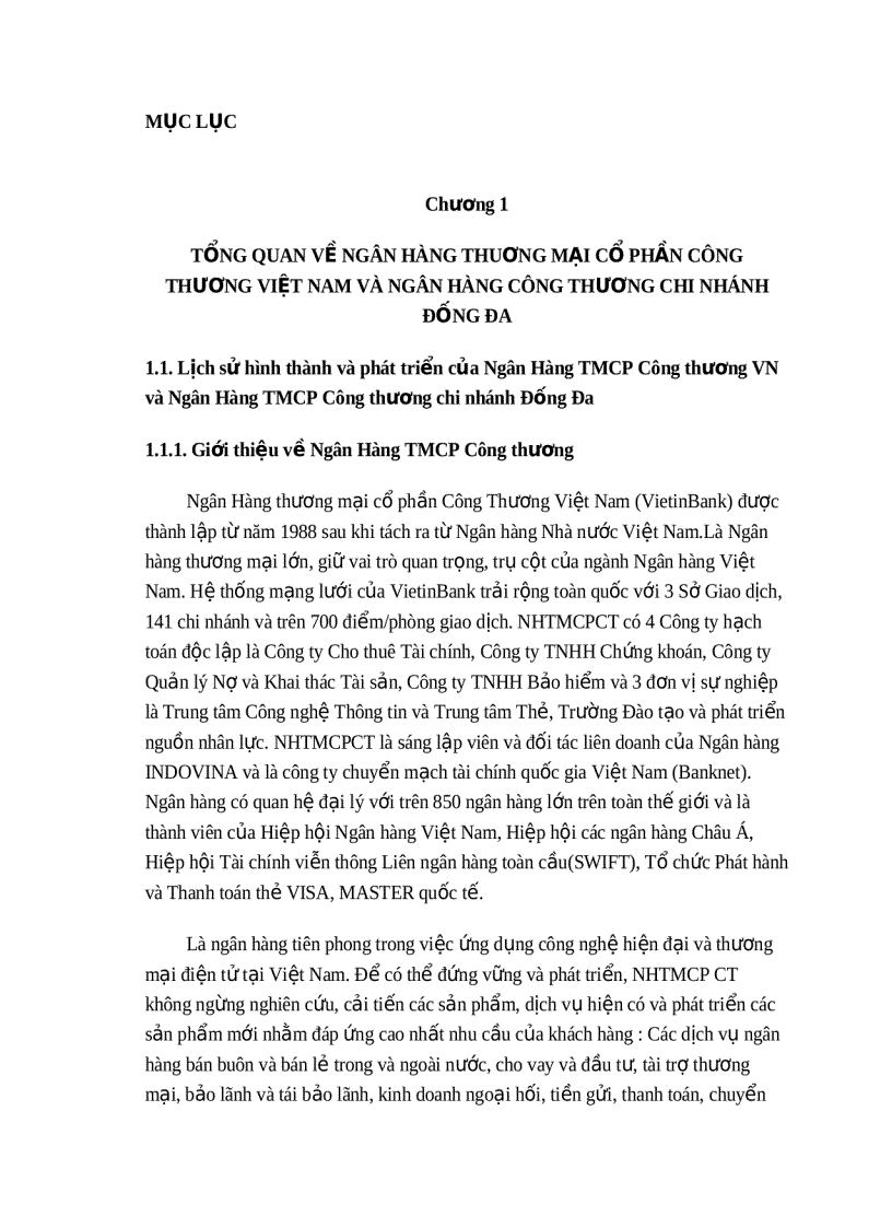 Tổng quan về ngân hàng thuơng mại cổ phần công thương việt nam và ngân hàng công thương chi nhánh đống đa