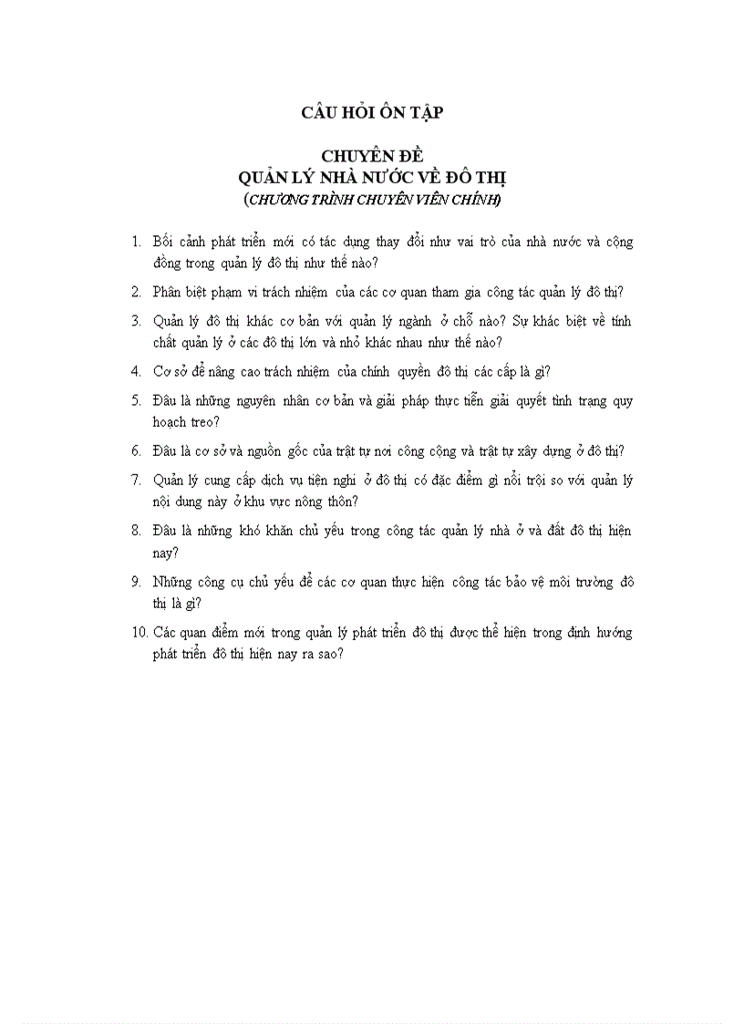 Câu hỏi ôn tập Chuyên đề 20 Quản lý nhà nước về đô thị