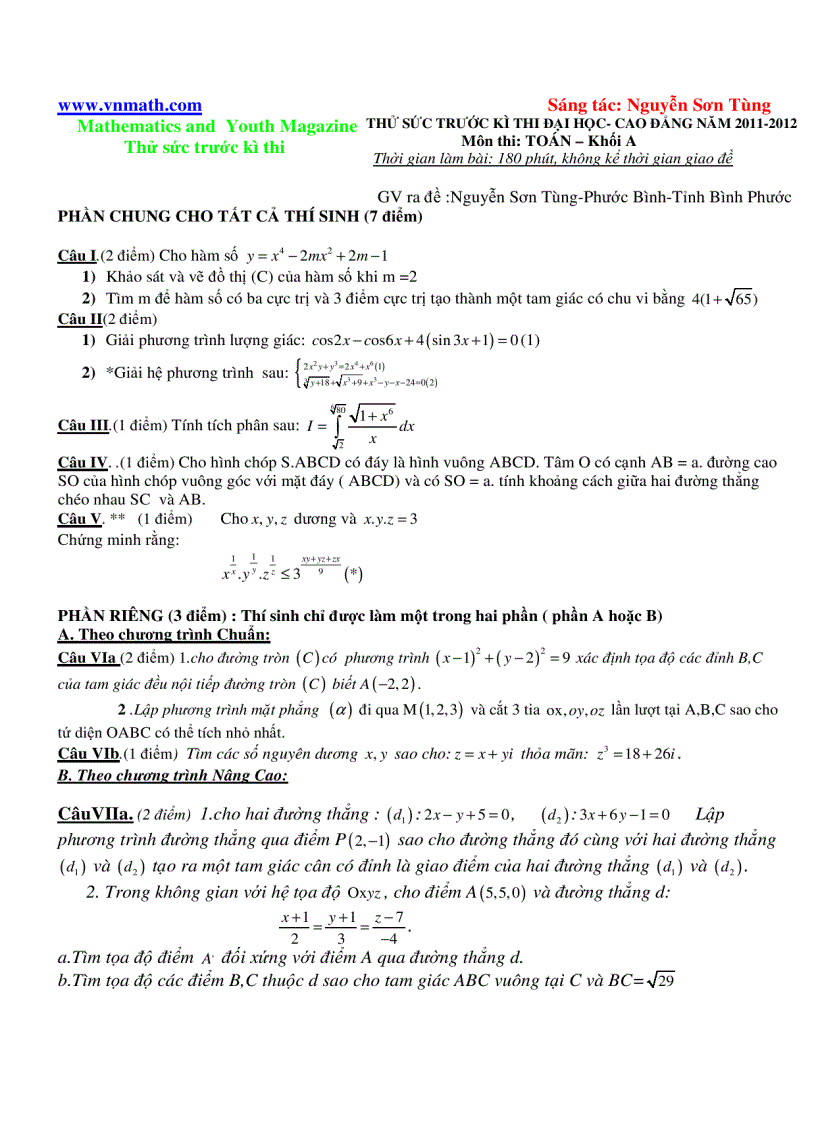 Thi thử đại học môn toán năm 2011 2012 gv nguyễn sơn tùng rất hay