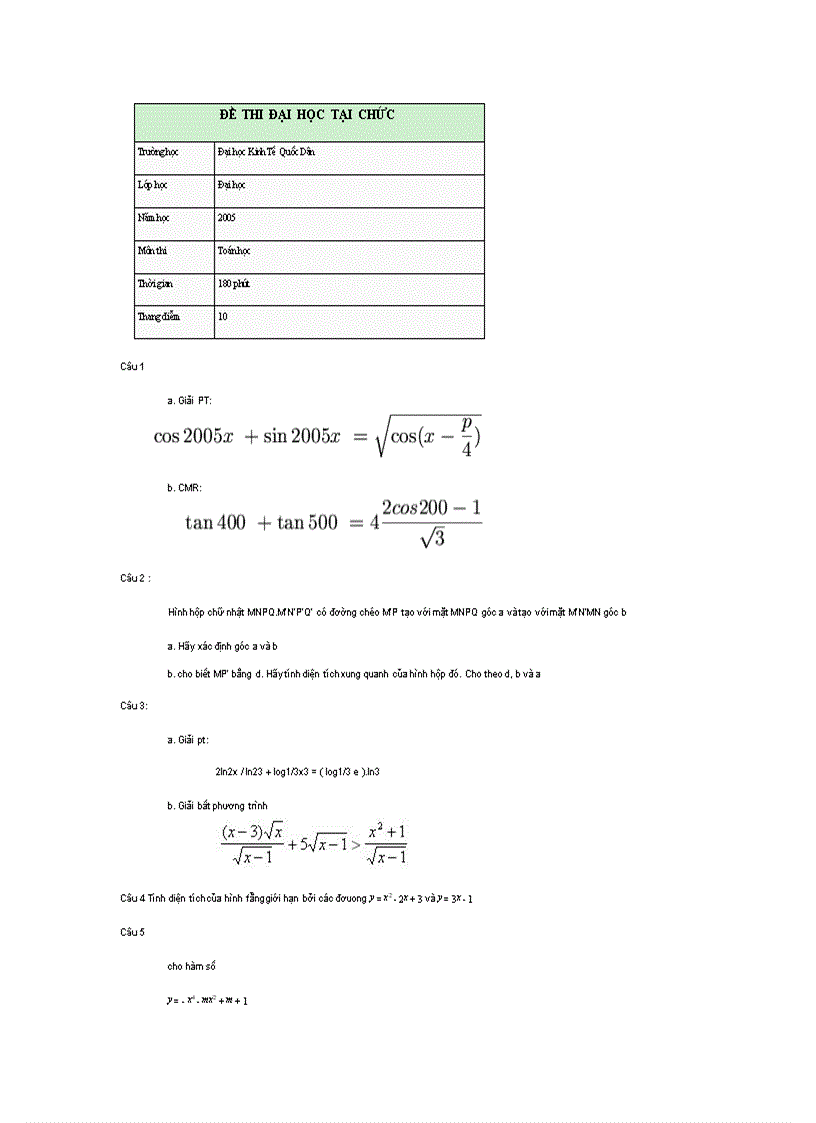Đề thi Toán đại học tại chức Kinh tế quốc dân năm 2005