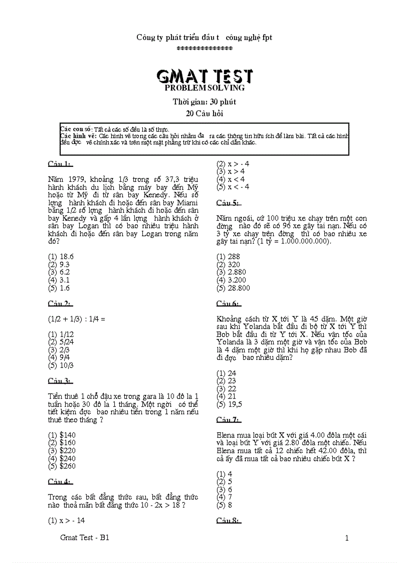 BÀI KIỂM TRA Graduate Management Admission Test