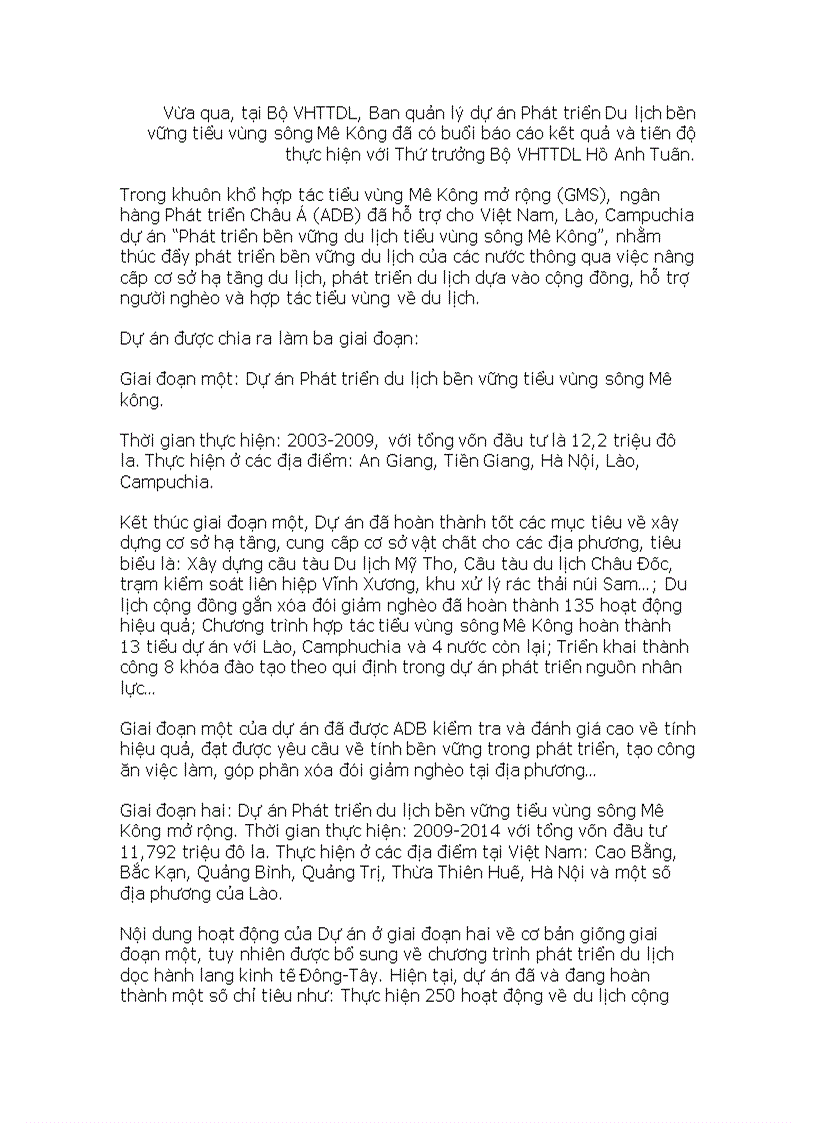 Báo cáo hoạt động dự án Phát triển du lịch bền vững tiểu vùng sông Mê Kông