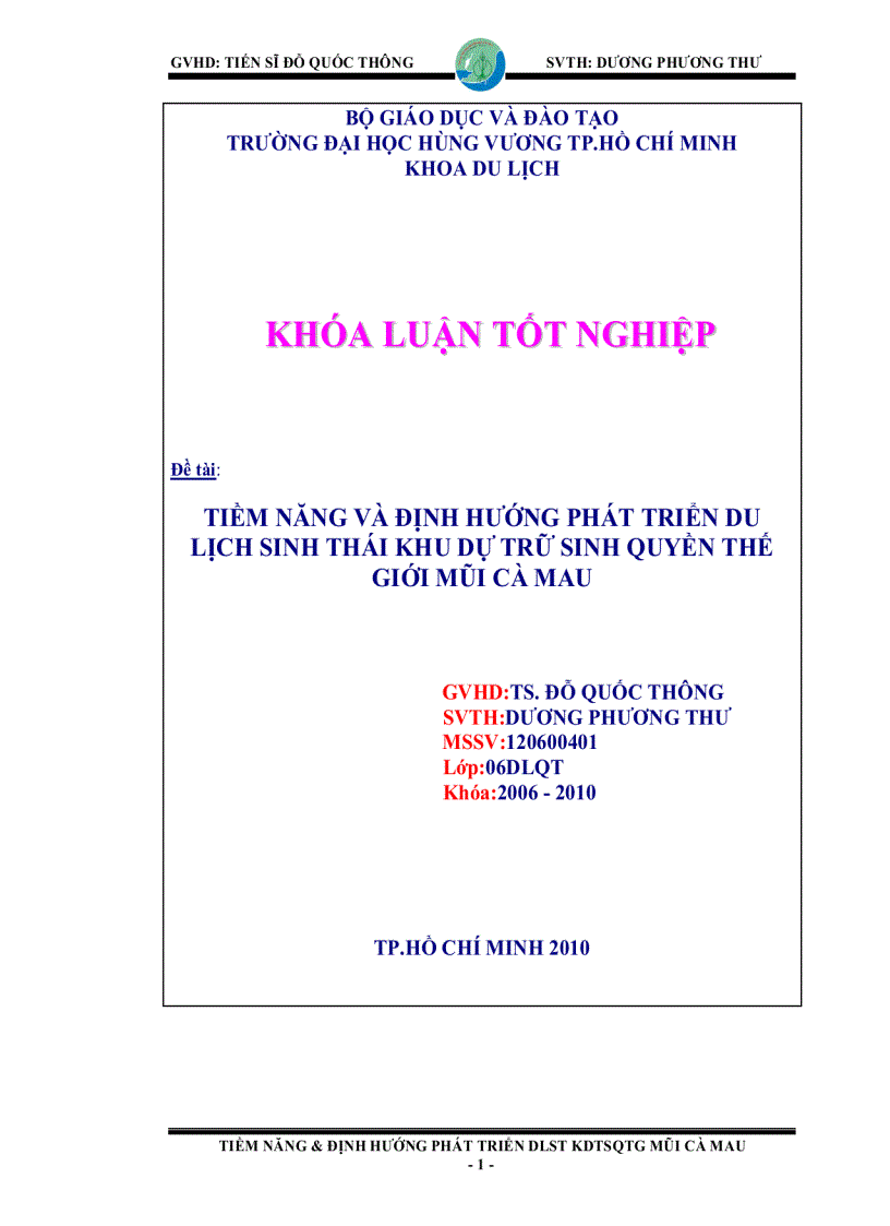 Đề cương tiềm năng và định hướng phát triển du lịch sinh thái khu dự trữ sinh quyền thế giới mũi cà mau