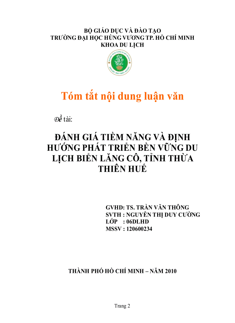 Đề cương đánh giá tiềm năng và định hướng phát triển bền vững du lịch biển lăng cô tỉnh thừa thiên huế