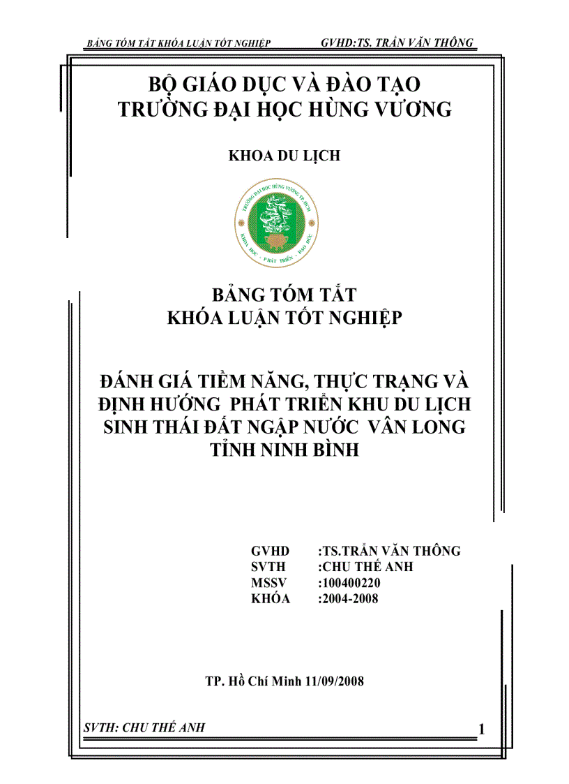 Đề cuơng đánh giá tiềm năng thực trạng và định hướng phát triển khu du lịch sinh thái đất ngập nước vân long tỉnh ninh bình