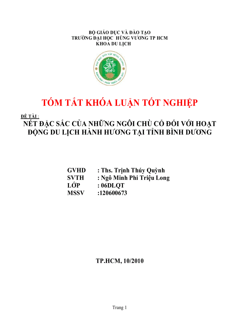 Đề cương Nét đặc sắc của những ngôi chù cổ đối với hoạt động du lịch hành hương tại tỉnh bình dương